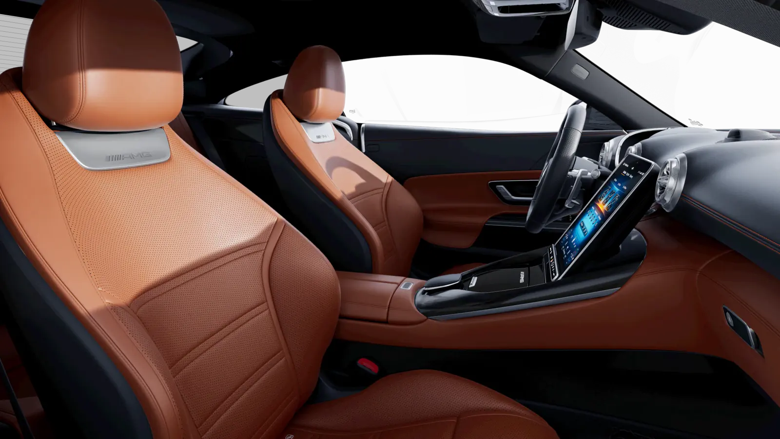 Cognac lederen interieur van een Mercedes-AMG GT
